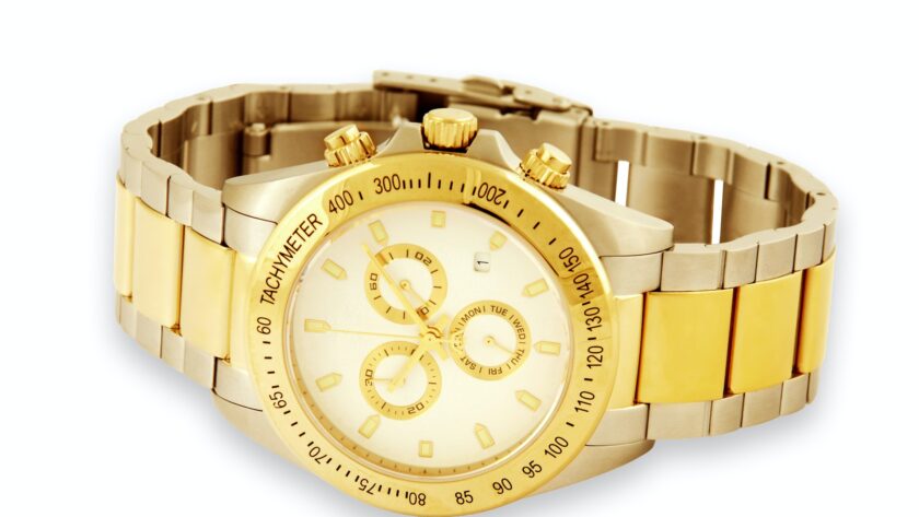 Mens swiss mechanical golden wrist watch with stainless steel wristband